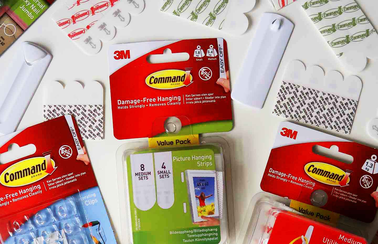 Command Hooks and Command Strips packs closeup